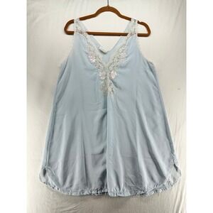 Vintage Sara Beth Blue Lace Floral Nightgown Pink Rose Applique Faux Pearl Bead